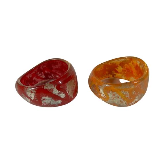 Resin Bangle Bracelets Womens Set of 2 Red Orange Silver Foil Wide Chunky Style - Picture 6 of 13